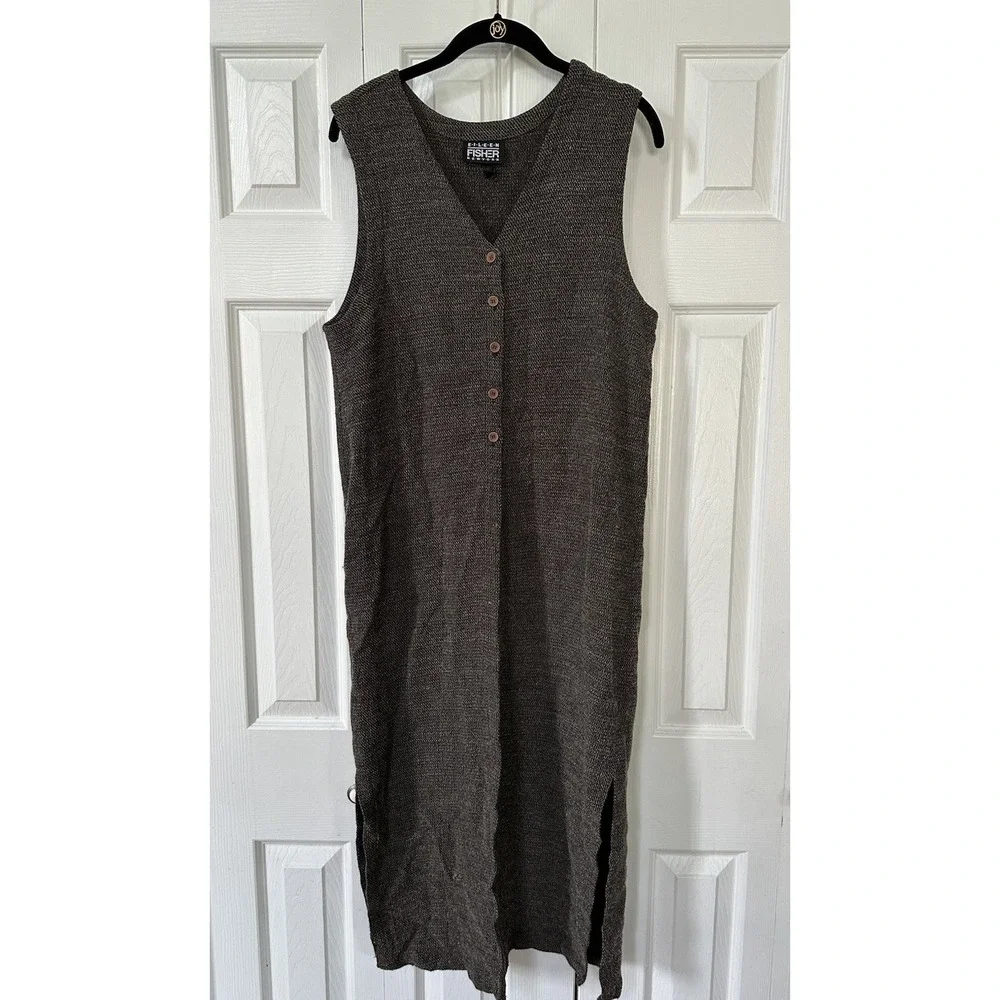 VTG EILEEN FISHER Wool Blend Sleeveless Button Up Shirt Dress Textured Knit FLAW